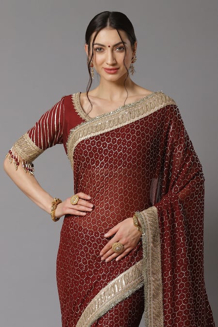 Shikhar Sharma Maroon Saree Georgette And Blouse Silk Chanderi Lining Shantoon With Online at Aza Fashions Shikhar Sharma_Maroon Saree Georgette And Blouse Silk Chanderi Lining Shantoon With _Online_at_Aza_Fashions
