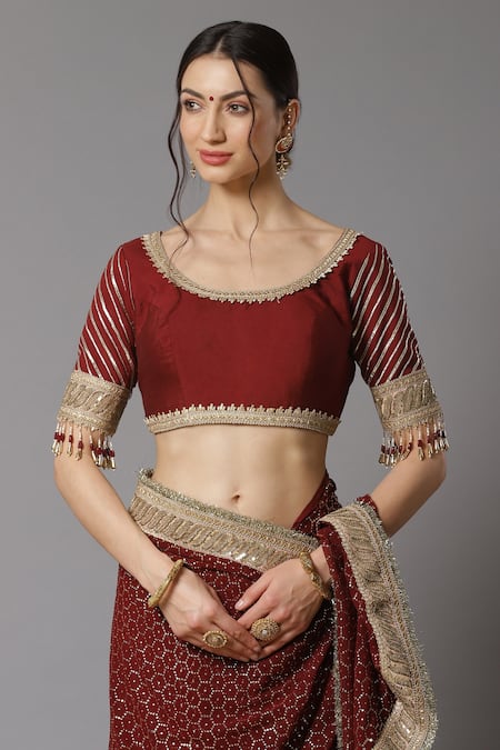 Buy Shikhar Sharma Maroon Saree Georgette And Blouse Silk Chanderi Lining Shantoon With Online at Aza Fashions Buy_Shikhar Sharma_Maroon Saree Georgette And Blouse Silk Chanderi Lining Shantoon With _Online_at_Aza_Fashions