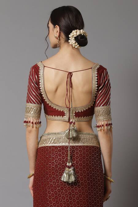 Shop Shikhar Sharma Maroon Saree Georgette And Blouse Silk Chanderi Lining Shantoon With Online at Aza Fashions Shop_Shikhar Sharma_Maroon Saree Georgette And Blouse Silk Chanderi Lining Shantoon With _Online_at_Aza_Fashions