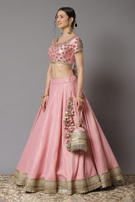 Shikhar Sharma_Pink Lehenga Cotton Chanderi Embroidery Gota Patti Round Set _Online_at_Aza_Fashions