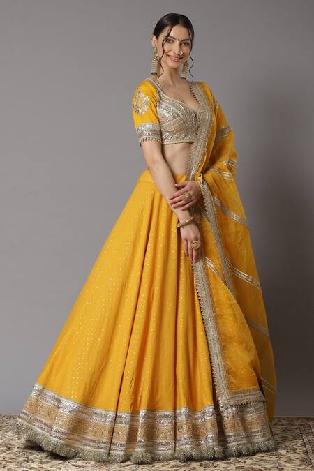Shikhar Sharma_Yellow Lehenga Cotton Chanderi Embroidery Gota Patti Leaf Neck Set _Online_at_Aza_Fashions