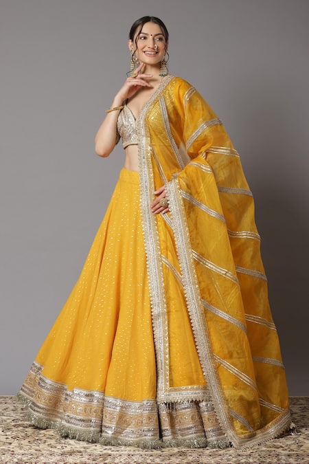 Buy_Shikhar Sharma_Yellow Lehenga Cotton Chanderi Embroidery Gota Patti Leaf Neck Set _Online_at_Aza_Fashions