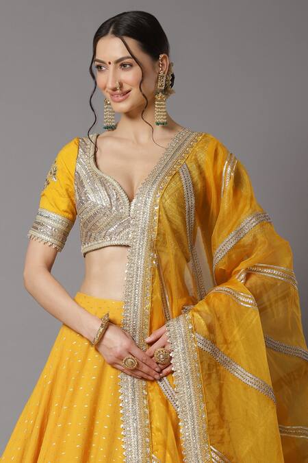 Shop_Shikhar Sharma_Yellow Lehenga Cotton Chanderi Embroidery Gota Patti Leaf Neck Set _Online_at_Aza_Fashions