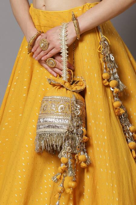 Shikhar Sharma_Yellow Lehenga Cotton Chanderi Embroidery Gota Patti Leaf Neck Set _at_Aza_Fashions