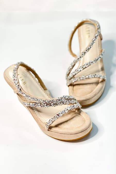 Shop The Alter Beige Crystals Kiara Embellished Wedges at Aza Fashions Shop_The Alter_Beige Crystals Kiara Embellished Wedges _at_Aza_Fashions