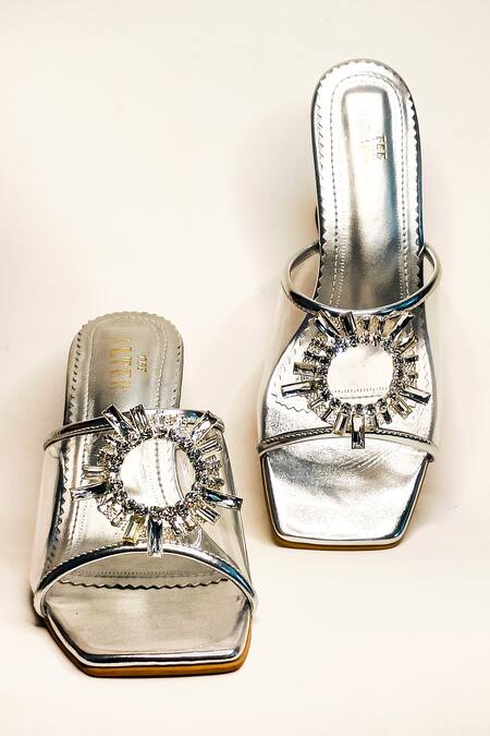 Buy_The Alter_Silver Embellished Estella Clear Strap Pyramid Heels_Online_at_Aza_Fashions