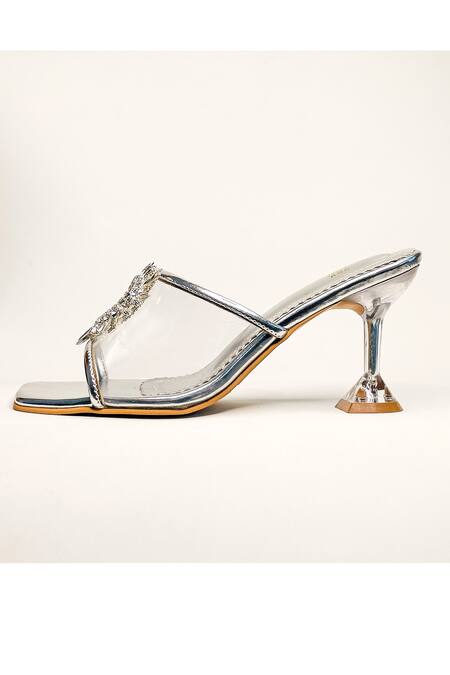 Shop_The Alter_Silver Embellished Estella Clear Strap Pyramid Heels_Online_at_Aza_Fashions