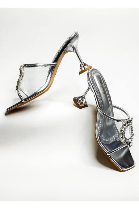 The Alter_Silver Embellished Estella Clear Strap Pyramid Heels_at_Aza_Fashions