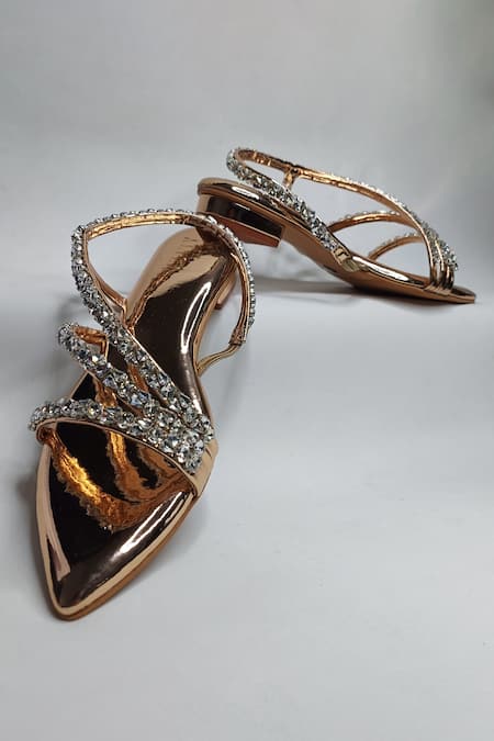 Shop The Alter Gold Rose Embellished Multi Strap Flats at Aza Fashions Shop_The Alter_Gold Rose Embellished Multi Strap Flats _at_Aza_Fashions