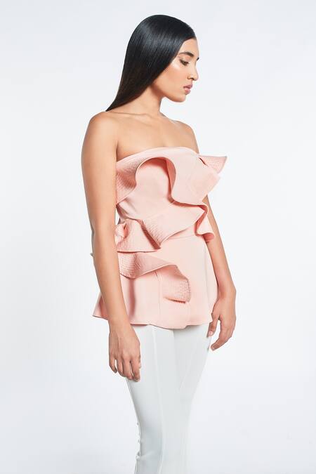 Shivani Awasty Pink Poly Blend Straight Neck Ruffle Top 