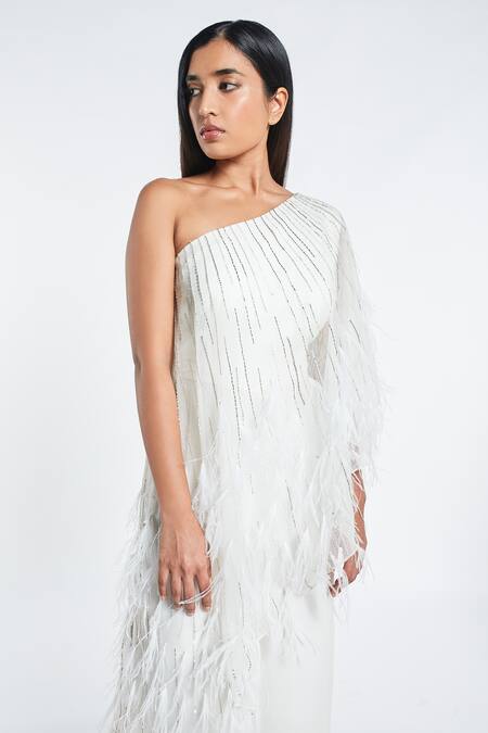 Shivani Awasty_White Net And Georgette One Shoulder Embroidered Jumpsuit _Online_at_Aza_Fashions