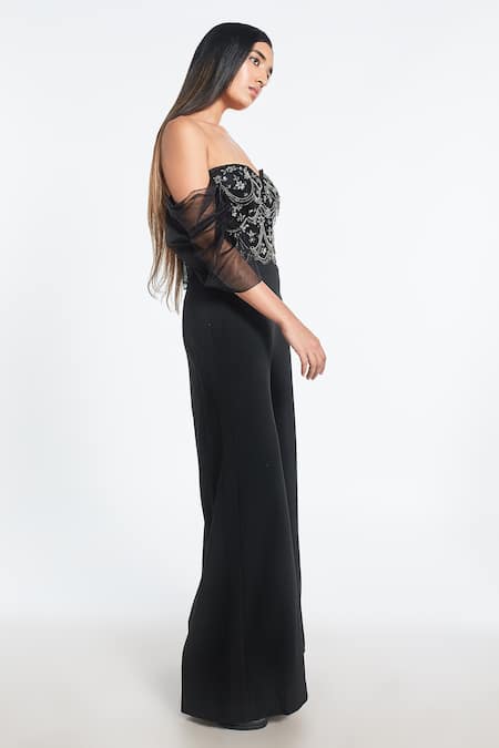 Shop Shivani Awasty Black Net And Poly Blend Hand Embroidery Sweetheart Neck Corset Jumpsuit at Aza Fashions Shop_Shivani Awasty_Black Net And Poly Blend Hand Embroidery Sweetheart Neck Corset Jumpsuit _at_Aza_Fashions