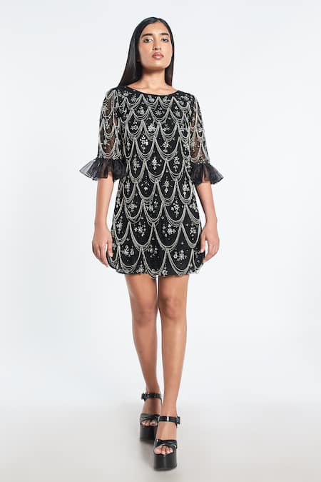 Shivani Awasty Black Net Hand Embroidery Round Scallop Short Dress 