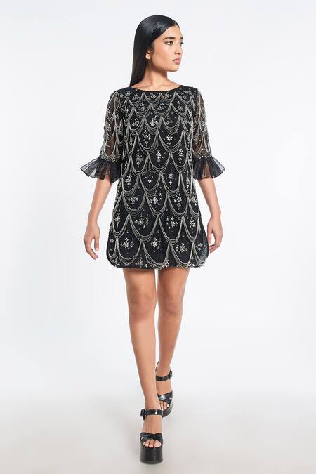 Shivani Awasty_Black Net Hand Embroidery Round Scallop Short Dress _Online_at_Aza_Fashions