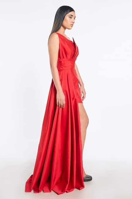 Shop Shivani Awasty Red Poly Blend One Shoulder Asymmetric Dress at Aza Fashions Shop_Shivani Awasty_Red Poly Blend One Shoulder Asymmetric Dress _at_Aza_Fashions