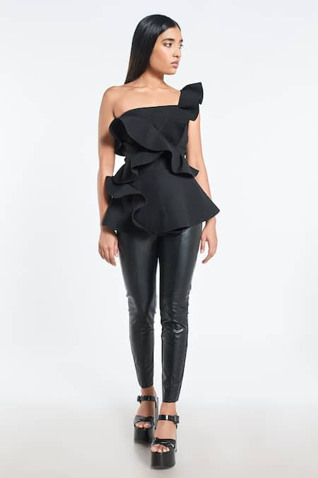 Black one discount shoulder ruffle top