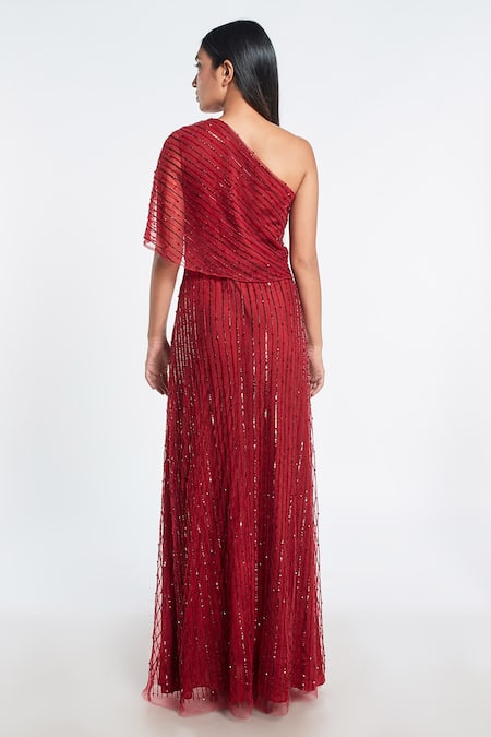 Shop Shivani Awasty Red Net Hand Embroidery One Shoulder Cape Gown at Aza Fashions Shop_Shivani Awasty_Red Net Hand Embroidery One Shoulder Cape Gown_at_Aza_Fashions