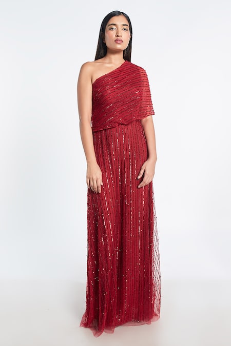 Shivani Awasty Red Net Hand Embroidery One Shoulder Cape Gown Online at Aza Fashions Shivani Awasty_Red Net Hand Embroidery One Shoulder Cape Gown_Online_at_Aza_Fashions