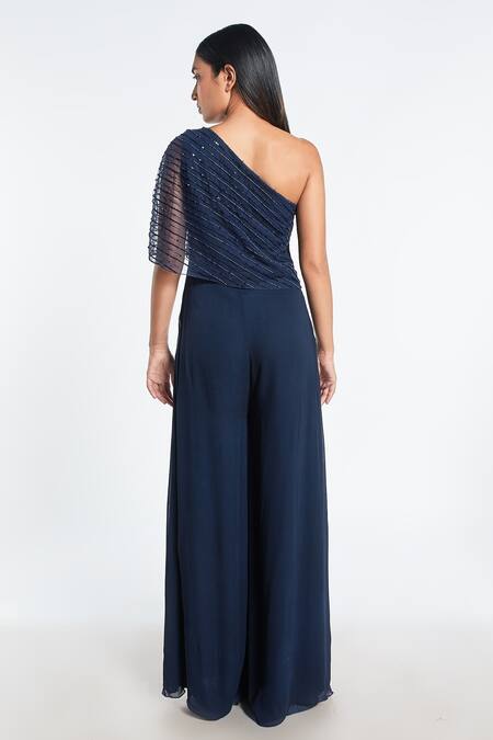 Shop Shivani Awasty Blue Net And Georgette Hand Embroidery One Shoulder Jumpsuit at Aza Fashions Shop_Shivani Awasty_Blue Net And Georgette Hand Embroidery One Shoulder Jumpsuit_at_Aza_Fashions