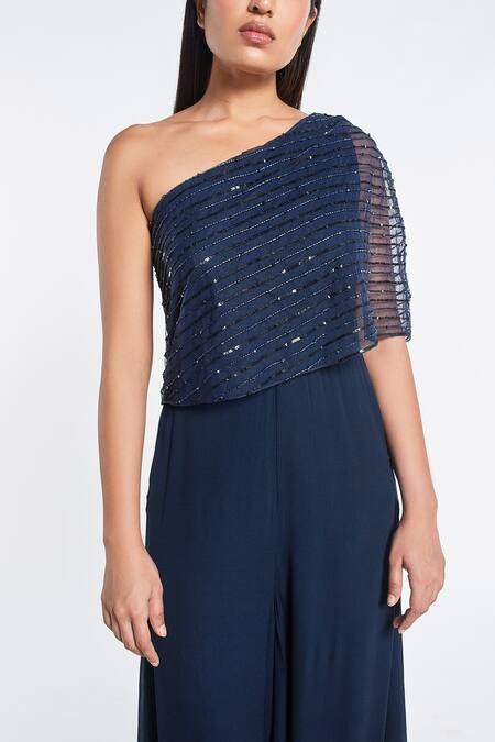 Shivani Awasty Blue Net And Georgette Hand Embroidery One Shoulder Jumpsuit Online at Aza Fashions Shivani Awasty_Blue Net And Georgette Hand Embroidery One Shoulder Jumpsuit_Online_at_Aza_Fashions