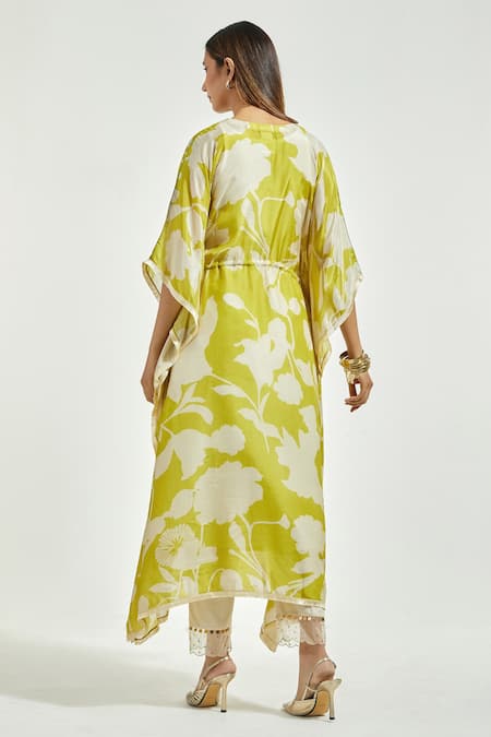 Shop_Anantaa By Roohi_Green Bemberg Modal Floral Print And Sequin V Neck Kaftan Kurta _at_Aza_Fashions