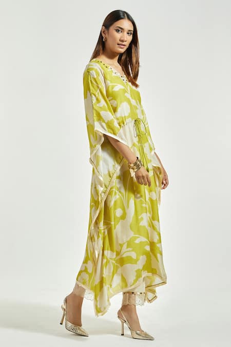 Anantaa By Roohi_Green Bemberg Modal Floral Print And Sequin V Neck Kaftan Kurta _Online_at_Aza_Fashions