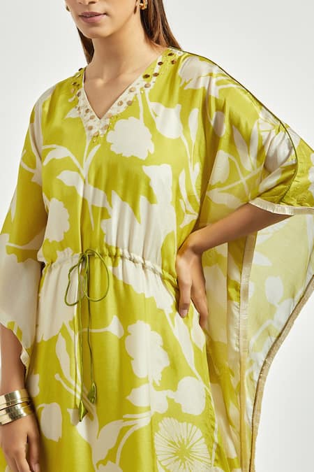 Shop_Anantaa By Roohi_Green Bemberg Modal Floral Print And Sequin V Neck Kaftan Kurta _Online_at_Aza_Fashions