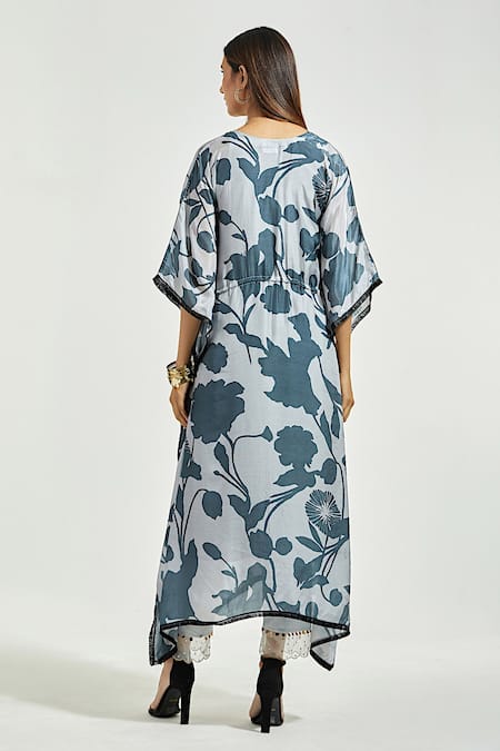 Shop_Anantaa by Roohi_Grey Bemberg Modal And Embellishment Floral & Sequin V Kaftan Kurta _at_Aza_Fashions