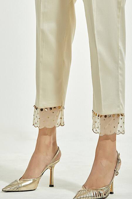 Buy_Anantaa By Roohi_Cream Cotton Satin Sequin Straight Pants_Online_at_Aza_Fashions