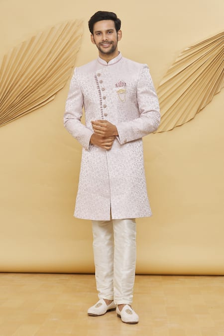 Samyukta Singhania Pink Imported Jacquard Silk Floral Pattern Sherwani Set 