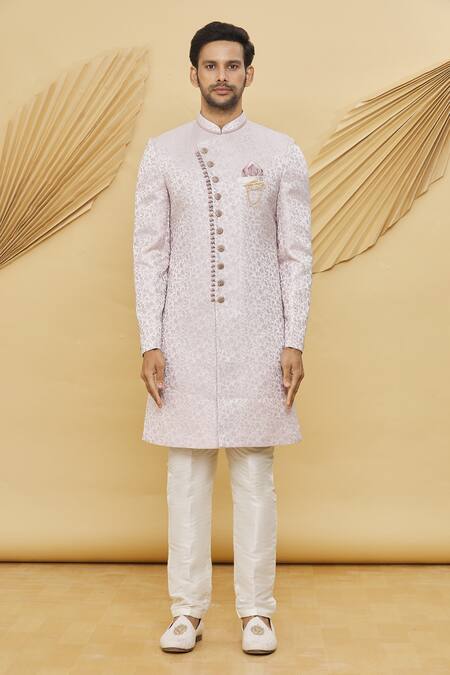 Arihant Rai Sinha_Pink Jacquard, Silk, Cotton Floral Pattern Sherwani Set _Online_at_Aza_Fashions