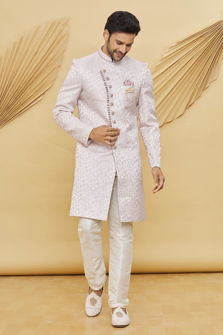 Buy_Arihant Rai Sinha_Pink Jacquard, Silk, Cotton Floral Pattern Sherwani Set _Online_at_Aza_Fashions