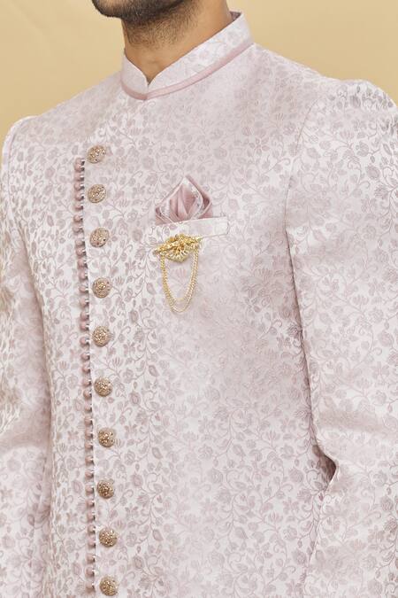 Shop_Arihant Rai Sinha_Pink Jacquard, Silk, Cotton Floral Pattern Sherwani Set _Online_at_Aza_Fashions