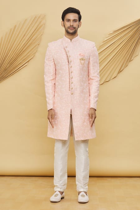 Arihant Rai Sinha_Pink Silk, Cotton Floral Pattern Sherwani Set _Online_at_Aza_Fashions