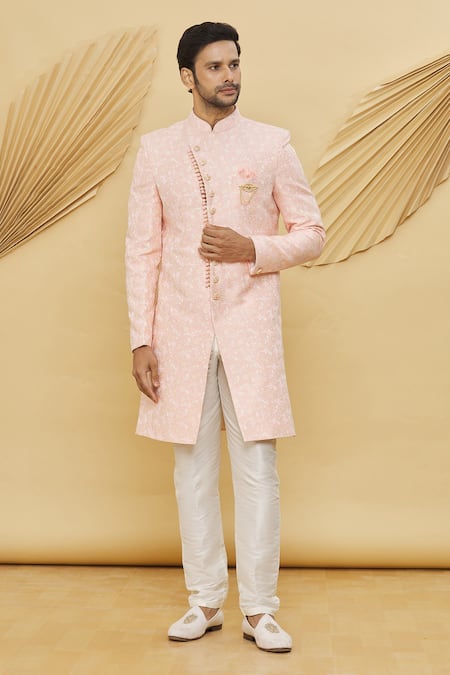 Buy_Arihant Rai Sinha_Pink Silk, Cotton Floral Pattern Sherwani Set _Online_at_Aza_Fashions