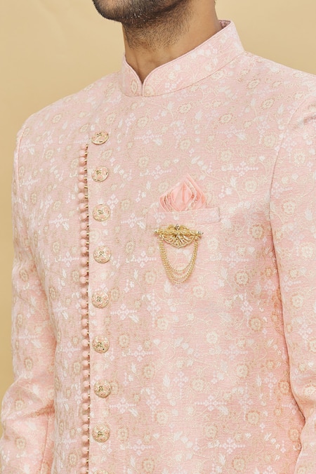 Shop_Arihant Rai Sinha_Pink Silk, Cotton Floral Pattern Sherwani Set _Online_at_Aza_Fashions
