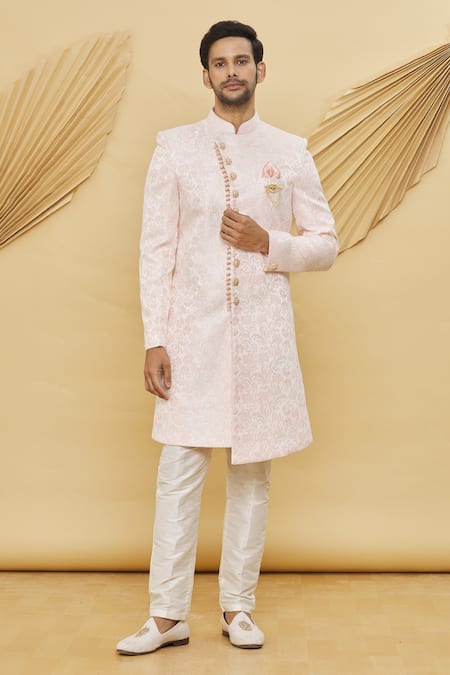 Khwaab by Sanjana Lakhani Pink Imported Jacquard Silk Floral Pattern Sherwani Set
