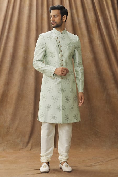 Buy_Arihant Rai Sinha_Green Silk Embroidery Floral Sherwani Set _Online_at_Aza_Fashions