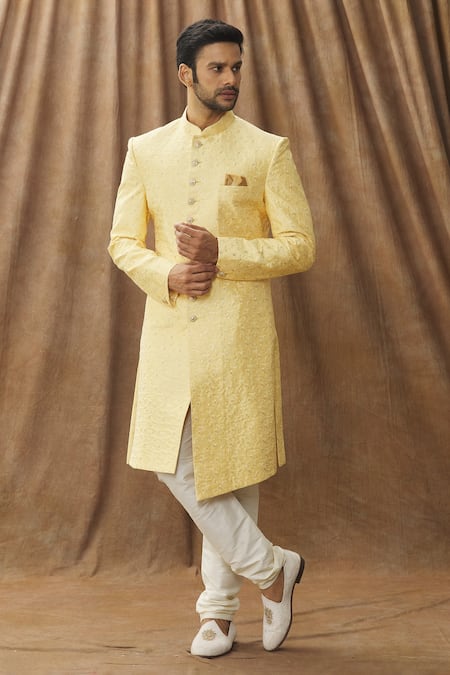 Arihant Rai Sinha Yellow Sherwani Art Silk Embroidered Floral Set 