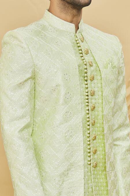 Shop Arihant Rai Sinha Green Silk Embroidery Floral Sherwani Set Online at Aza Fashions Shop_Arihant Rai Sinha_Green Silk Embroidery Floral Sherwani Set _Online_at_Aza_Fashions
