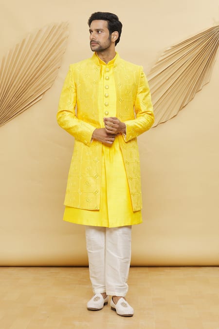 Khwaab by Sanjana Lakhani Yellow Art Silk Embroidered Floral And Sequin Jacket & Kurta Set