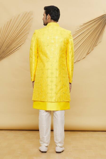 Shop Arihant Rai Sinha Yellow Silk Sequins, Embroidery Jacket And Kurta Set at Aza Fashions Shop_Arihant Rai Sinha_Yellow Silk Sequins, Embroidery Jacket And Kurta Set_at_Aza_Fashions