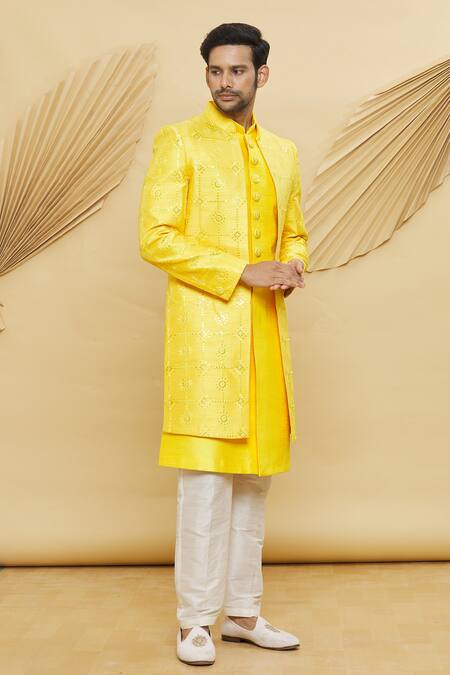 Buy Arihant Rai Sinha Yellow Silk Sequins, Embroidery Jacket And Kurta Set Online at Aza Fashions Buy_Arihant Rai Sinha_Yellow Silk Sequins, Embroidery Jacket And Kurta Set_Online_at_Aza_Fashions