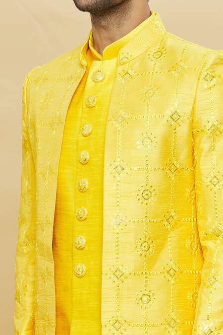 Shop Arihant Rai Sinha Yellow Silk Sequins, Embroidery Jacket And Kurta Set Online at Aza Fashions Shop_Arihant Rai Sinha_Yellow Silk Sequins, Embroidery Jacket And Kurta Set_Online_at_Aza_Fashions