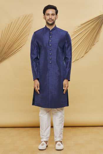 Arihant Rai Sinha_Blue Silk, Polyester Sequins, Embroidery Floral Bundi Set_Online_at_Aza_Fashions