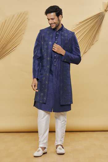 Buy_Arihant Rai Sinha_Blue Silk, Polyester Sequins, Embroidery Floral Bundi Set_Online_at_Aza_Fashions