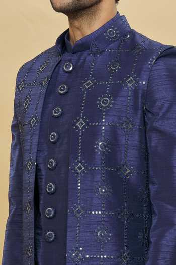 Shop_Arihant Rai Sinha_Blue Silk, Polyester Sequins, Embroidery Floral Bundi Set_Online_at_Aza_Fashions