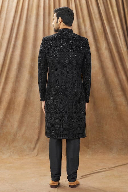 Arihant Rai Sinha_Black Silk Embroidery Floral Sherwani Set _Online_at_Aza_Fashions