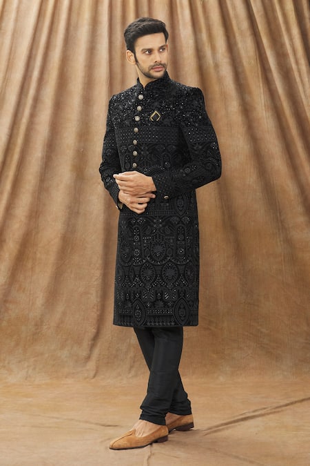 Buy_Arihant Rai Sinha_Black Silk Embroidery Floral Sherwani Set _Online_at_Aza_Fashions