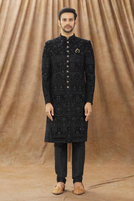 Shop_Arihant Rai Sinha_Black Silk Embroidery Floral Sherwani Set _Online_at_Aza_Fashions